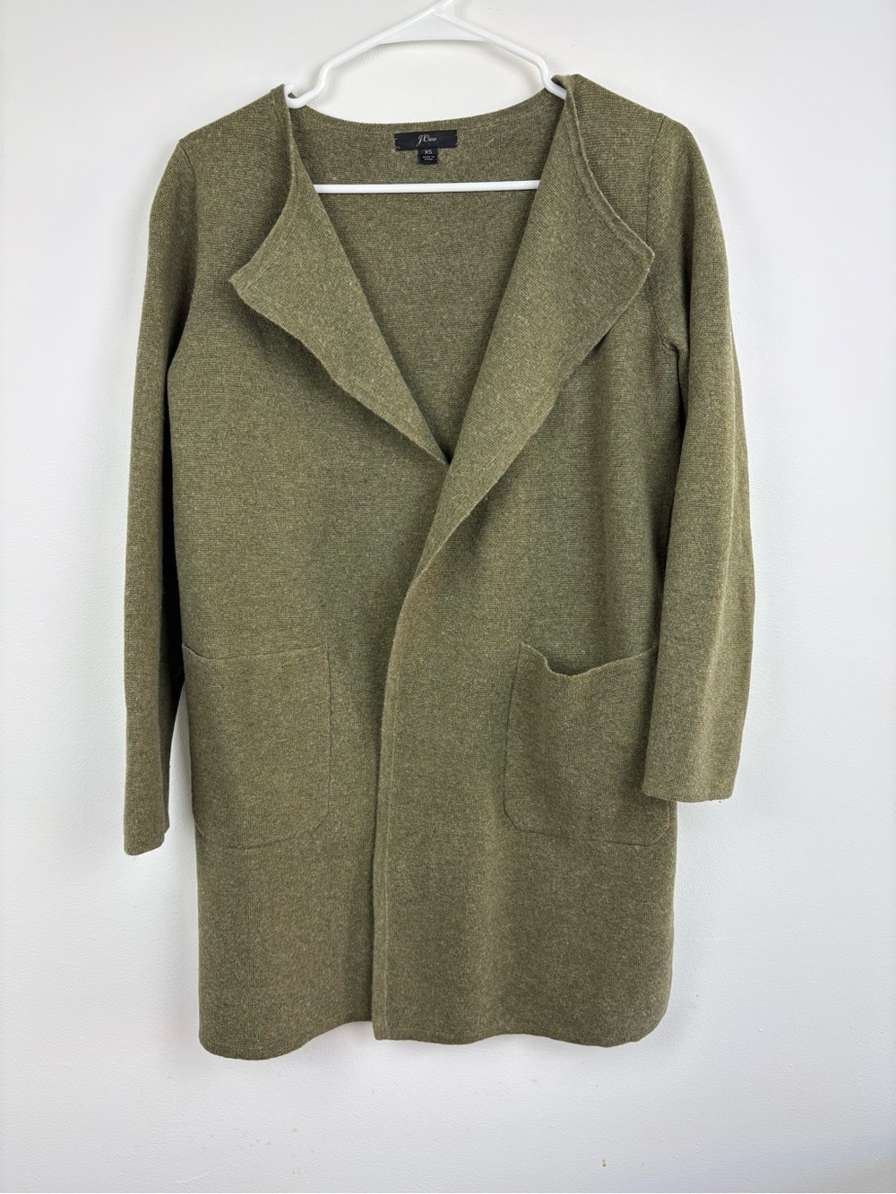 J. Crew Olive Green Open-Front Cardigan XS Cotton/Wool/Poly Blend Dark Academia